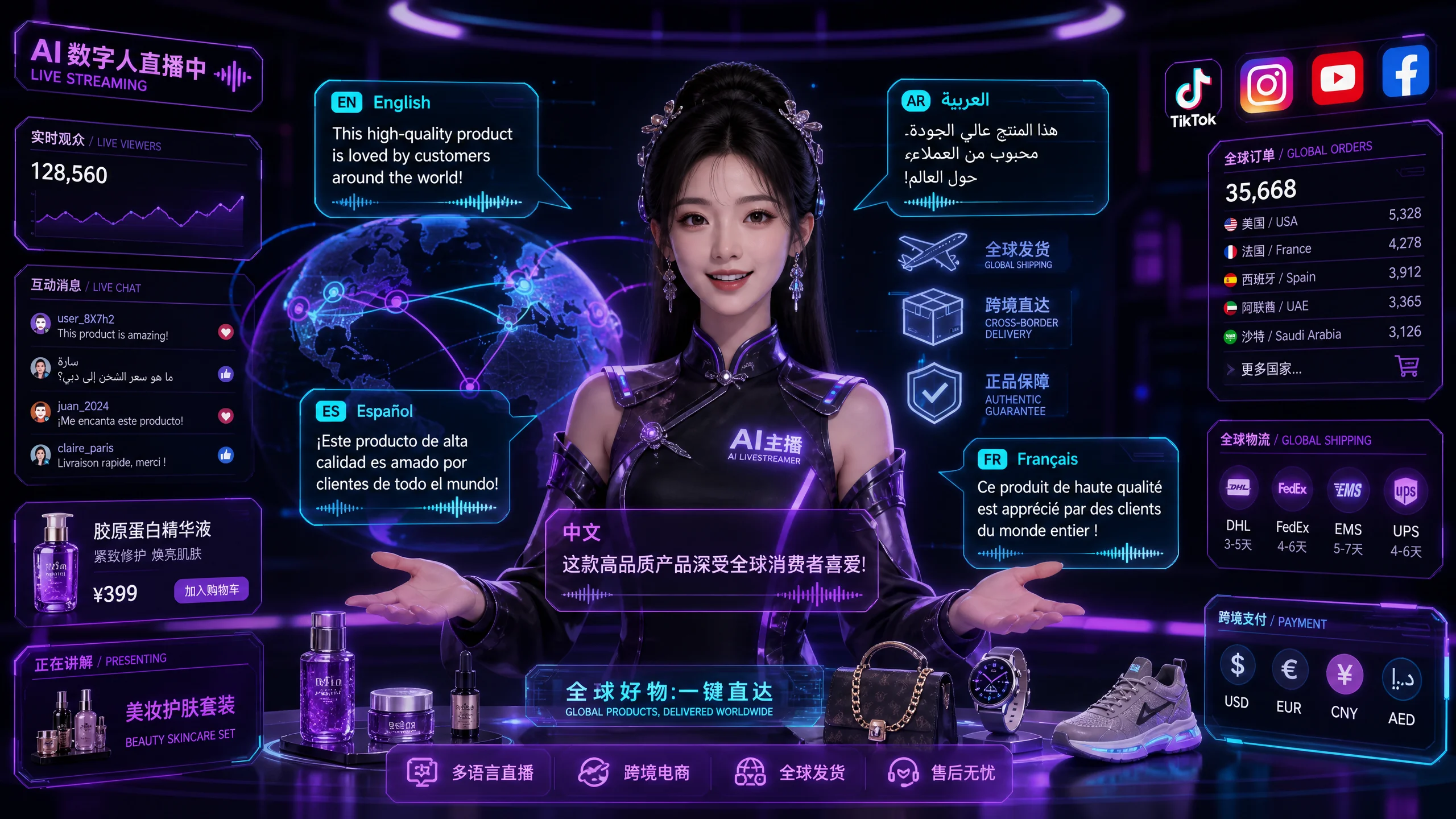 AI数字人多语种跨境电商直播展示英语阿拉伯语西​班牙语同步带货